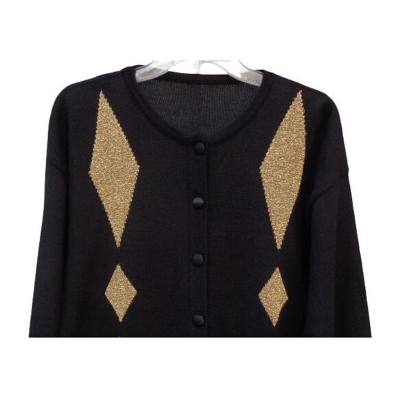 Vtg Black Gold Diamond Argyle Button Cardigan Sweater Merino Wool Italy Sz 44 M - Picture 2 of 4